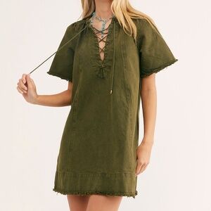 Free People When Hearts Align Green olive Mini Boho Dress